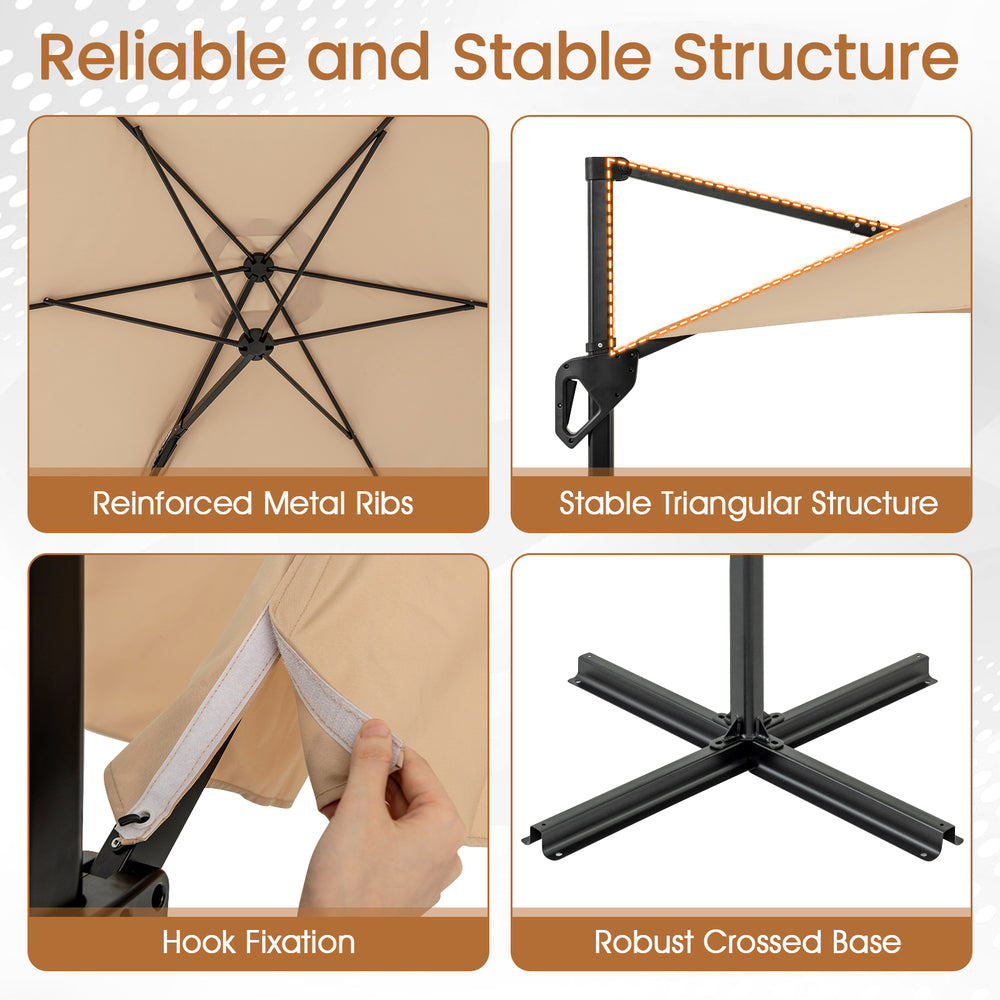 Close-up of the 9 FT cantilever patio umbrella's reinforced metal ribs and stable triangular structure for outdoor use.