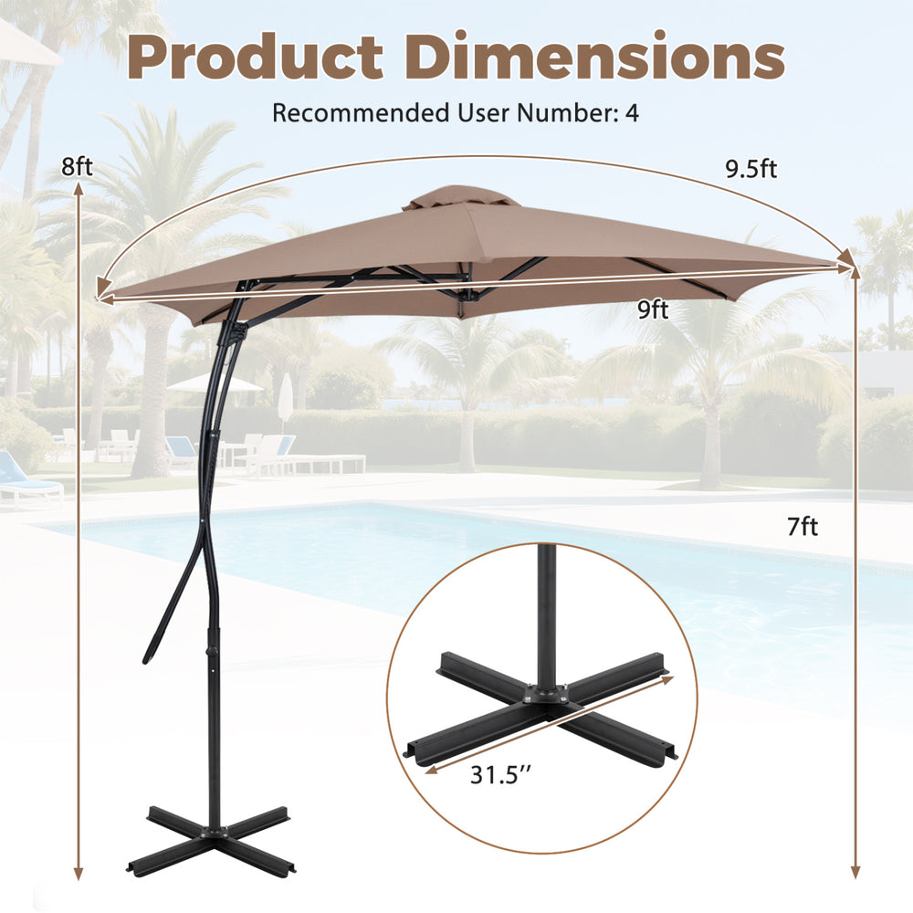9 FT cantilever umbrella with cross base in brown features a vented canopy for airflow and a heavy-duty frame for stability.