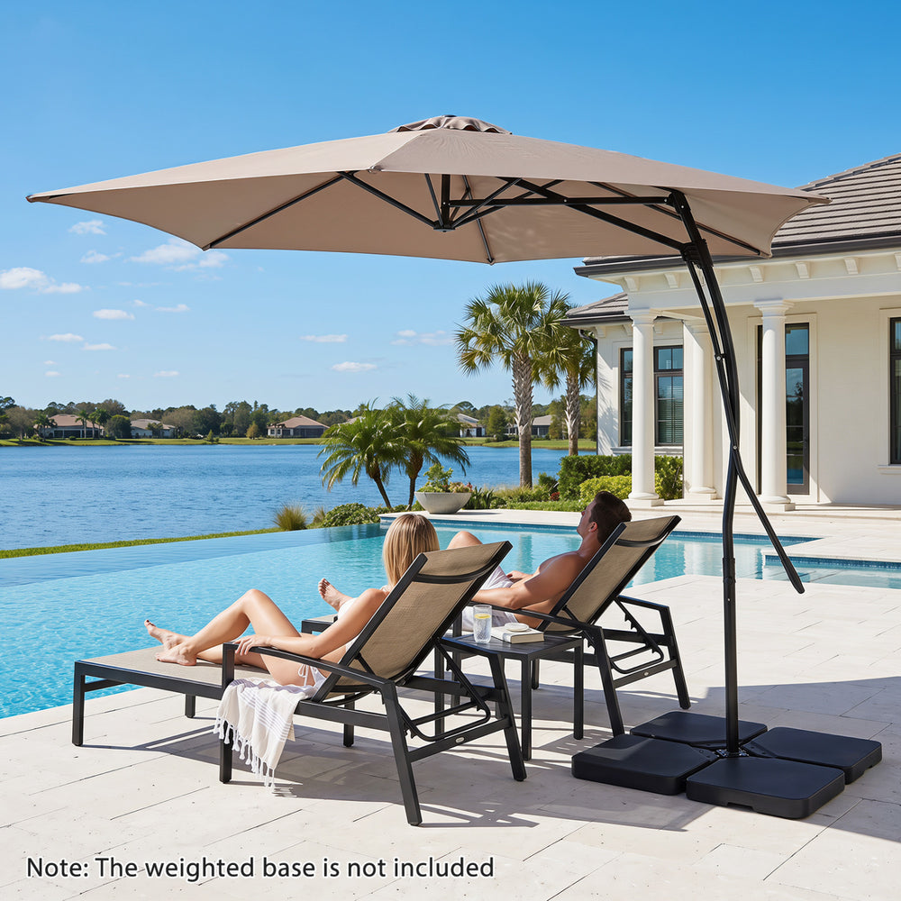 9 FT cantilever umbrella with a vented canopy and heavy-duty frame, perfect for outdoor relaxation by the pool.