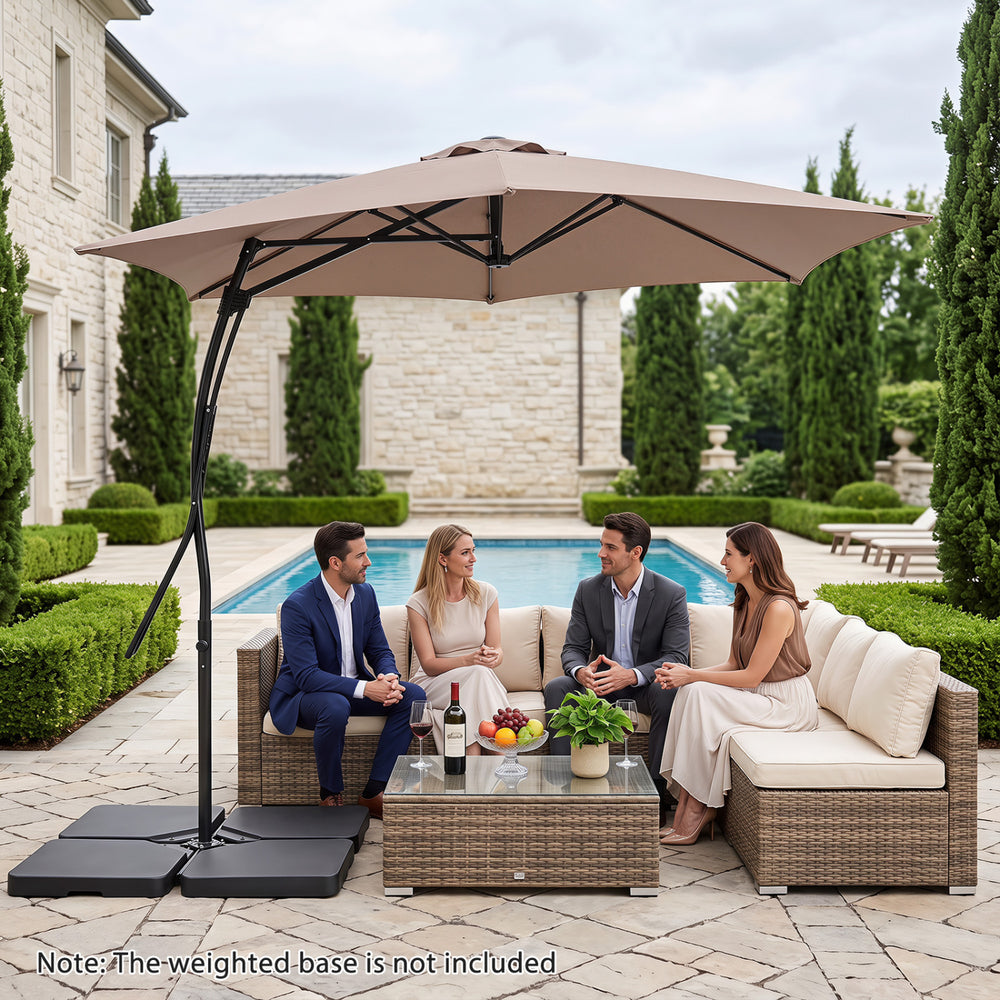 9 FT cantilever umbrella with a vented canopy and heavy-duty frame, providing shade for outdoor seating by the pool.