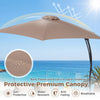 9 FT cantilever umbrella with a vented canopy, sun-resistant fabric, and included cross base for outdoor relaxation.
