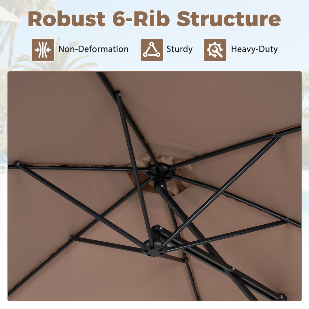 Robust 6-rib structure of the 9 FT brown cantilever umbrella ensures stability and durability for outdoor relaxation.