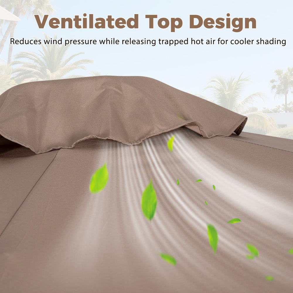 Vented top design of the 9 FT cantilever umbrella enhances airflow for cooler shaded seating during outdoor relaxation.