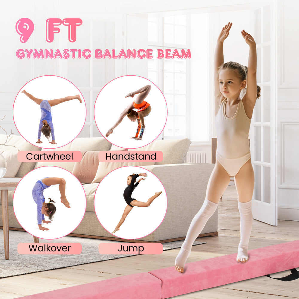 9 FT folding gymnastics balance beam in pink with anti-slip base, featuring a sturdy pine wood frame for training and.