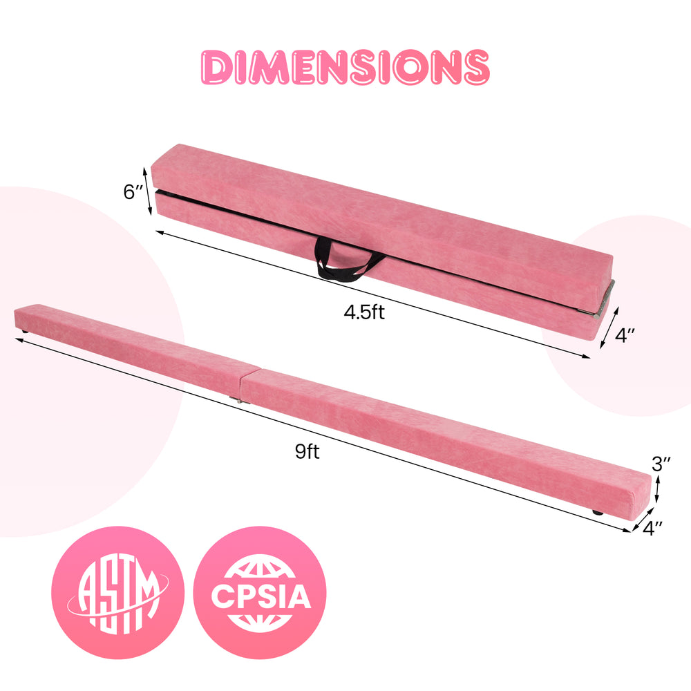 9ft pink folding gymnastics balance beam with anti-slip base, featuring a sturdy pine wood frame for stability.