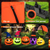 Inflatable pumpkin patch family with LED lights, featuring witch hats and varied expressions, perfect for Halloween.