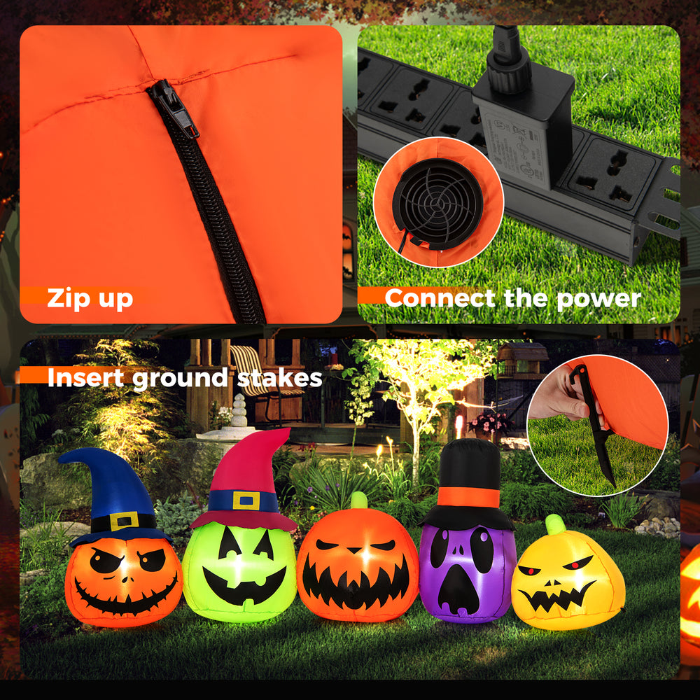 Inflatable pumpkin patch family with LED lights, featuring witch hats and varied expressions, perfect for Halloween.
