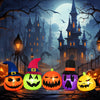 Inflatable pumpkin patch family with LED lights and witch hats, featuring five unique expressions for Halloween.
