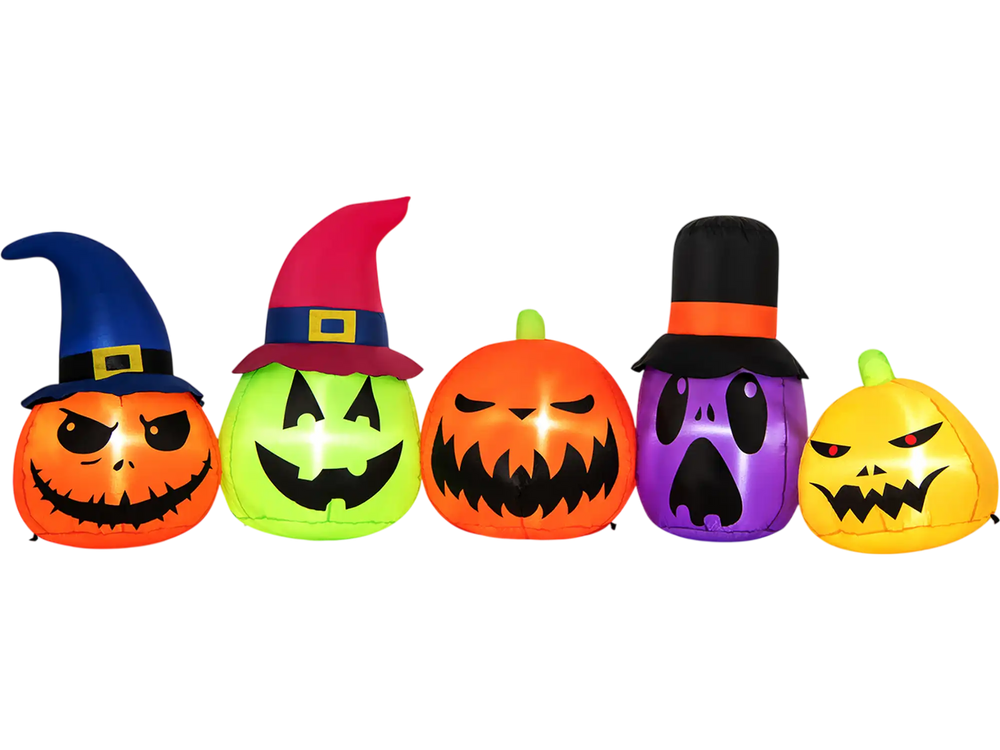 9 Feet Inflatable Pumpkin Patch Family with Built-in LED Lights and Witch Hats