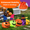 Colorful 9 feet inflatable pumpkin patch family with LED lights and witch hats, ideal for Halloween patio decoration.