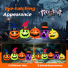 Inflatable pumpkin patch family with witch hats, featuring LED lights and varied expressions for Halloween yard.