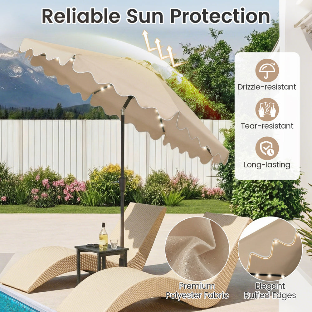 9 FT brown outdoor patio umbrella with solar LED lights, drizzle-resistant fabric, and elegant ruffled edges for.