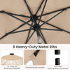 Close-up of the 9 FT outdoor patio umbrella's 8 heavy-duty metal ribs and air vent for enhanced stability and.