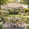 9 FT outdoor tassel umbrella with push button tilt, featuring a vented canopy for airflow, ideal for dining tables.