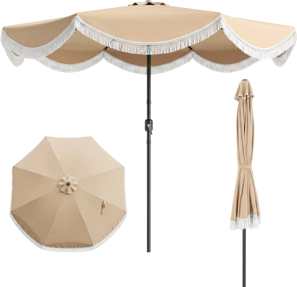 Side view of the 9 FT outdoor tassel umbrella with convenient hoop & loop strap for secure closure and easy transport.