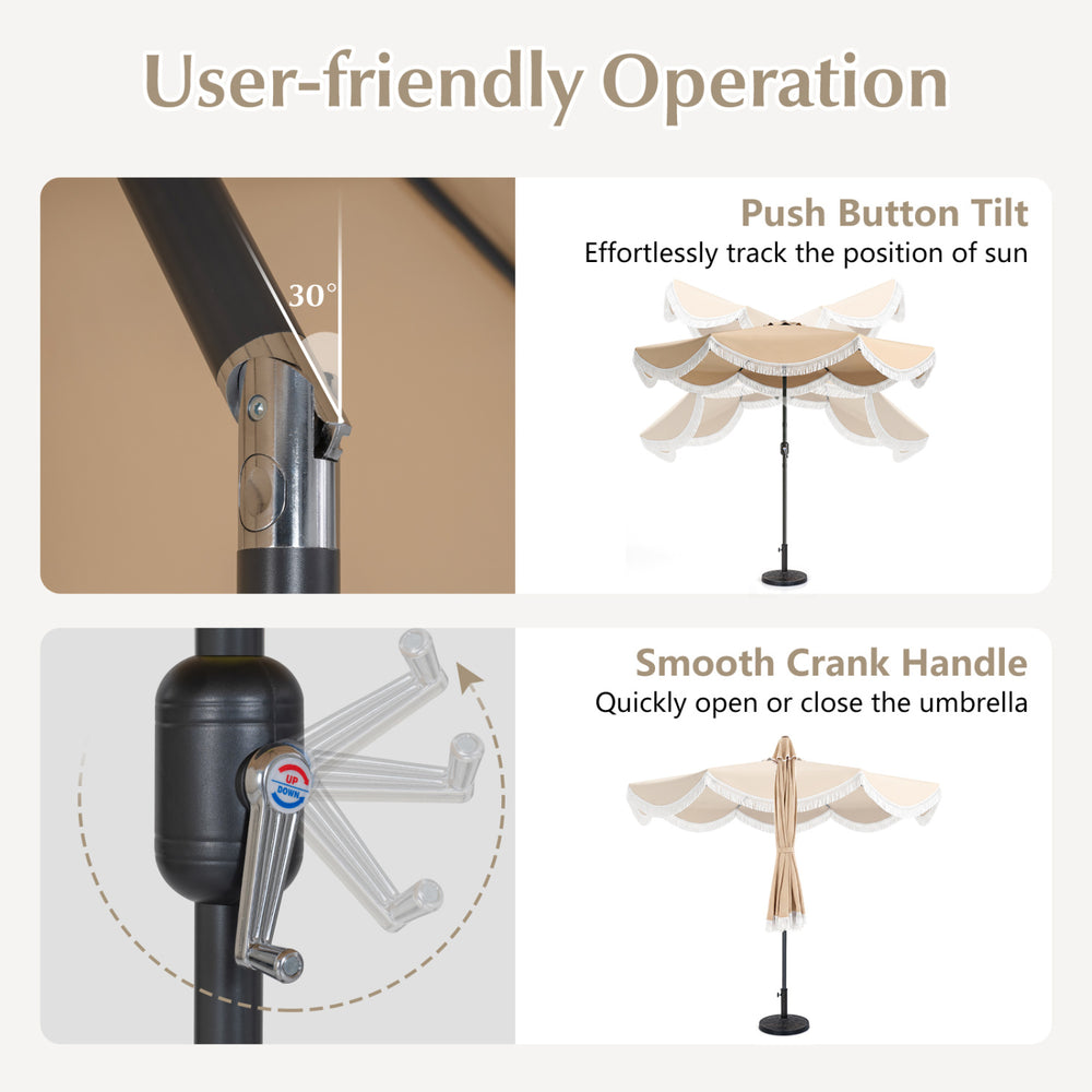 9 FT outdoor tassel umbrella with push button tilt and smooth crank handle for easy sun tracking and quick opening.