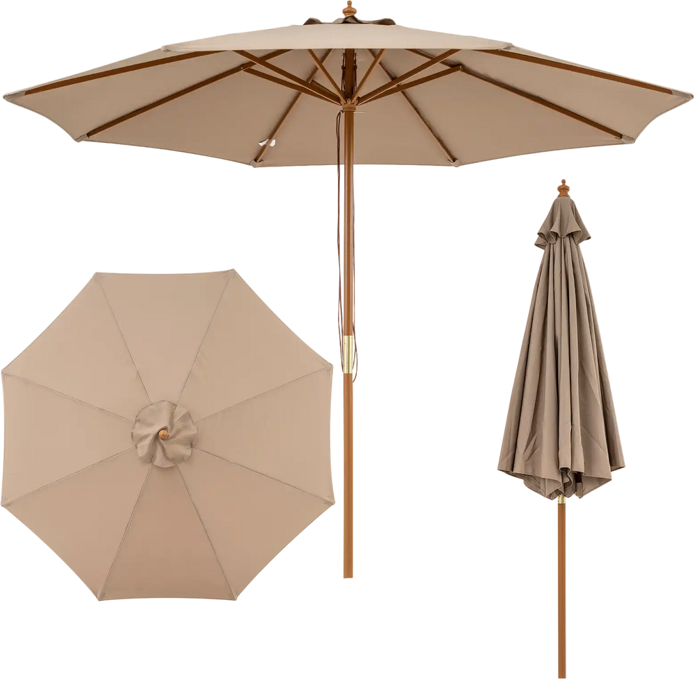 9 FT patio umbrella with brown sun-blocking fabric and sturdy bamboo ribs, perfect for outdoor table coverage.