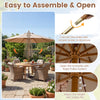 9 FT brown patio umbrella with 8 bamboo ribs, easy assembly, and safety latch for reliable outdoor sun protection.