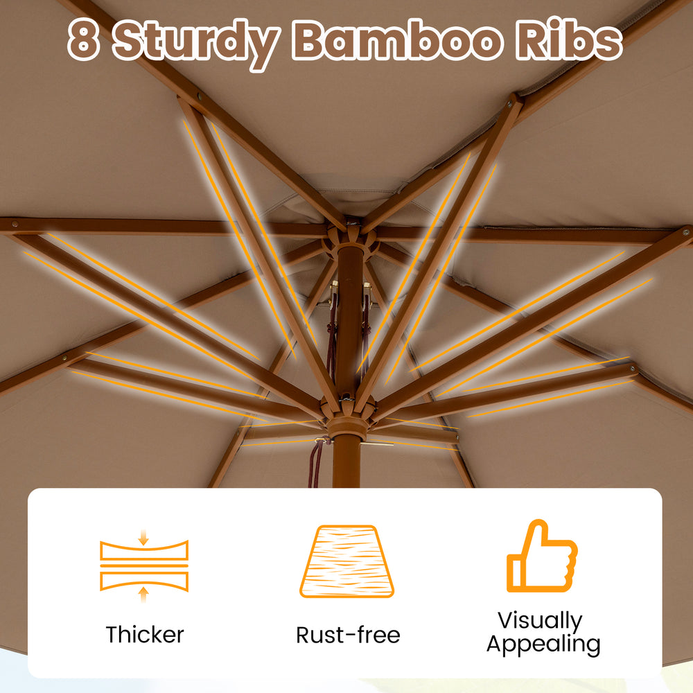 Close-up of the 8 sturdy bamboo ribs of a 9 FT patio umbrella, showcasing its reliable strength and elegant design.