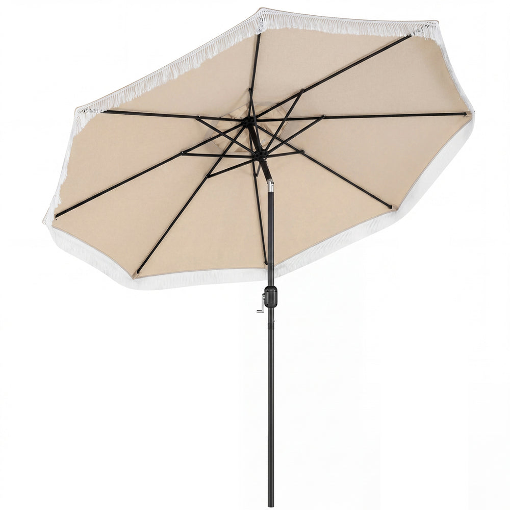 9 FT patio umbrella with a beige canopy featuring a vented top for air circulation and enhanced stability in outdoor.