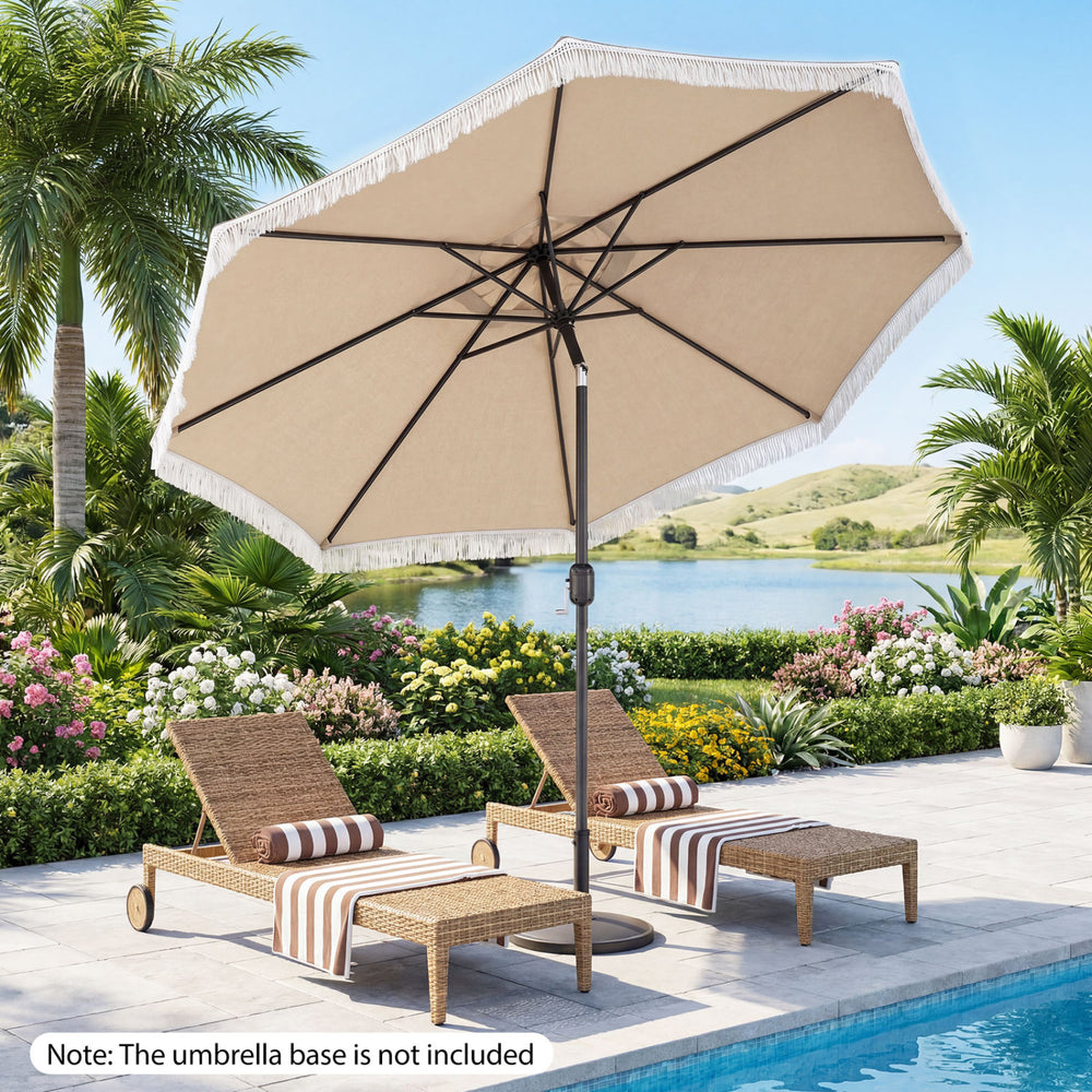 Beige 9 FT patio umbrella with sun-protective canopy, adjustable tilt, and elegant ruffled edges for outdoor relaxation.