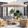 9 FT beige patio umbrella with ruffled edges and crank handle, providing sun protection for outdoor seating areas.