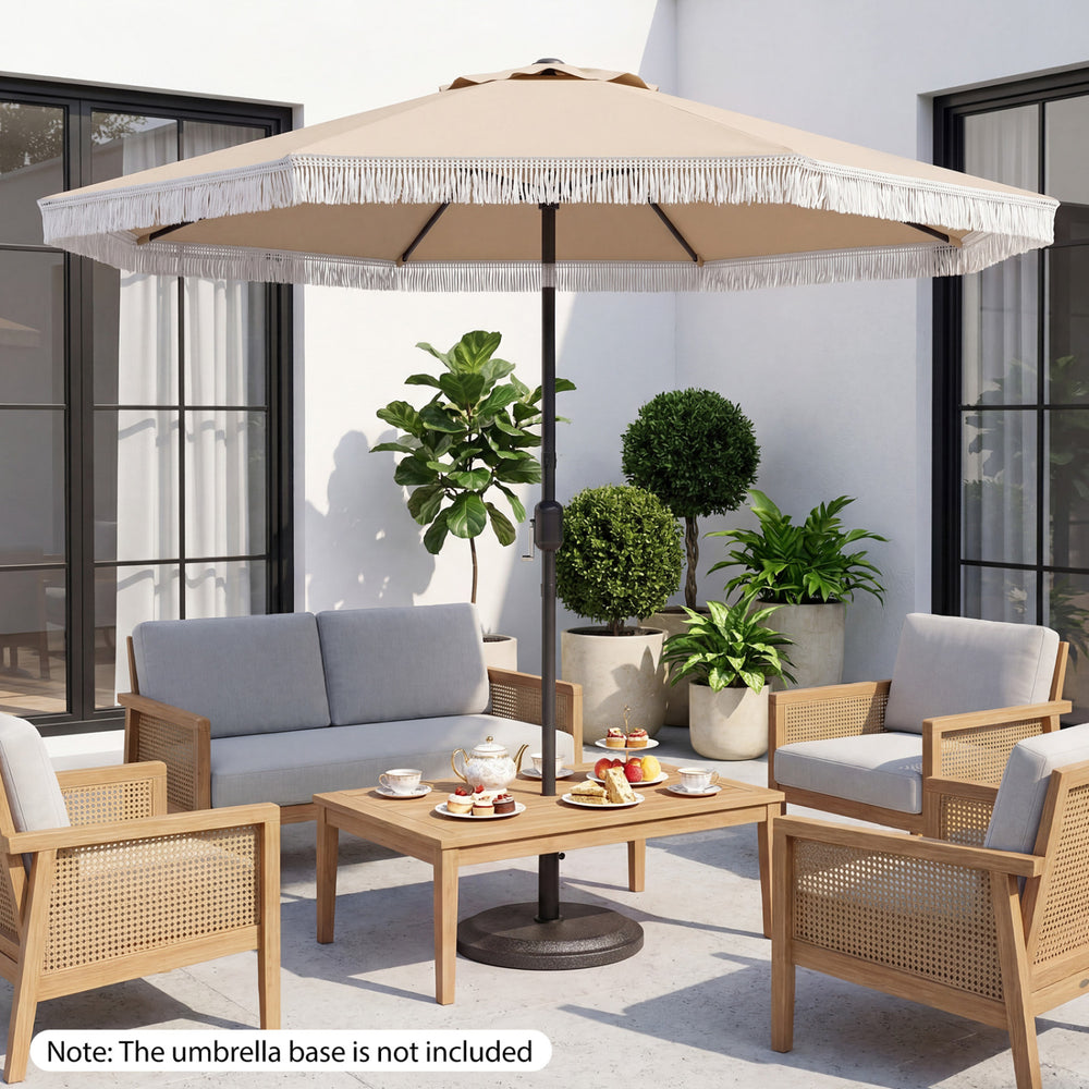 9 FT beige patio umbrella with ruffled edges and crank handle, providing sun protection for outdoor seating areas.