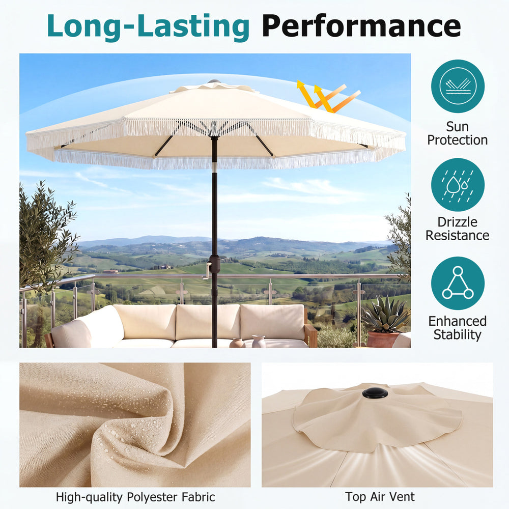 9 FT beige patio umbrella showcasing high-quality polyester fabric and elegant tassels, ideal for outdoor garden use.