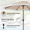 9 FT patio umbrella with beige sun-protective canopy, featuring elegant fringe edging and reinforced rib pockets for.