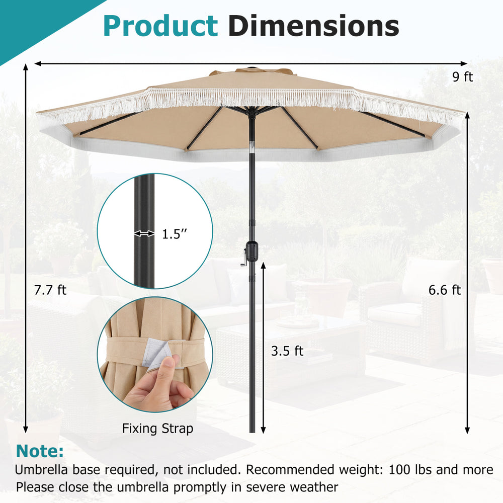 9 FT beige patio umbrella with sun-protective canopy, adjustable tilt, and elegant ruffled edges for outdoor relaxation.