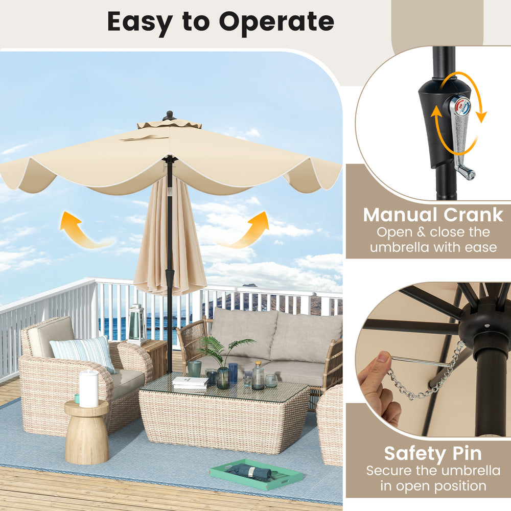Beige 9 FT patio umbrella with crank handle and push button tilt, designed for easy operation and sun protection.