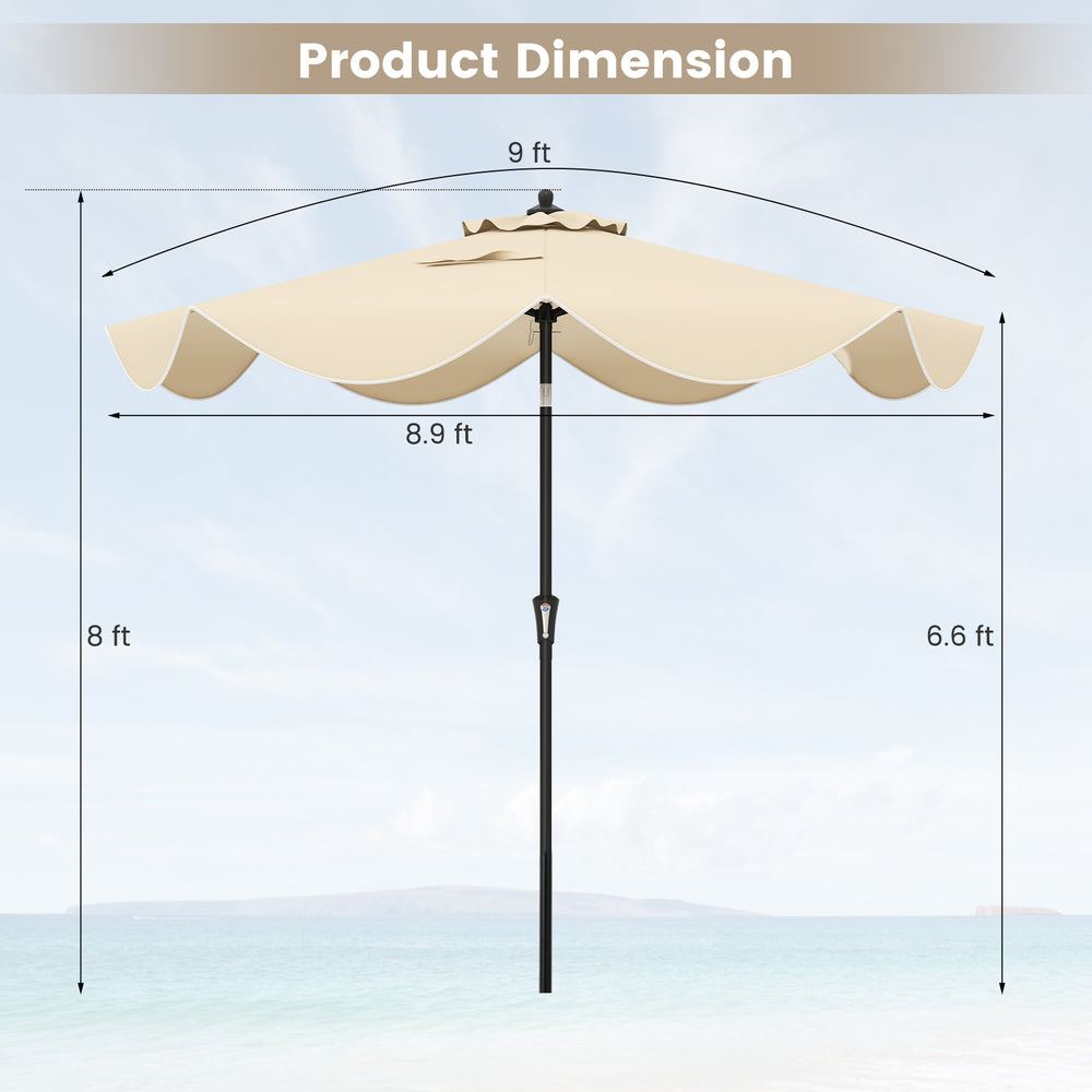 9 FT beige patio umbrella with crank handle and push button tilt, featuring a vented top for stability and easy.