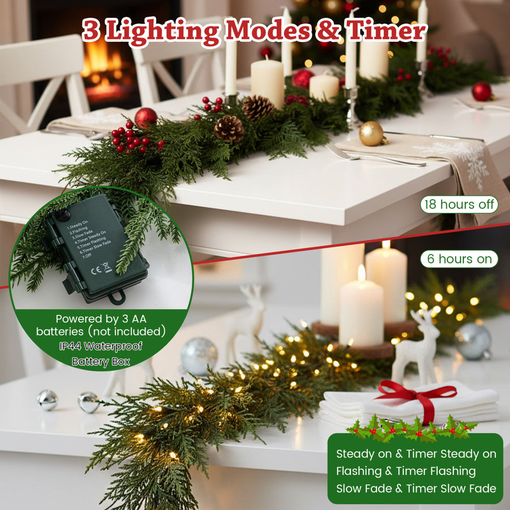 9 FT pre-lit artificial cypress Christmas garland with 50 warm white LED lights, ideal for festive decoration.