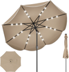 9 FT tan scalloped solar patio umbrella with 24 LED lights, featuring a crank handle and push button tilt for optimal.
