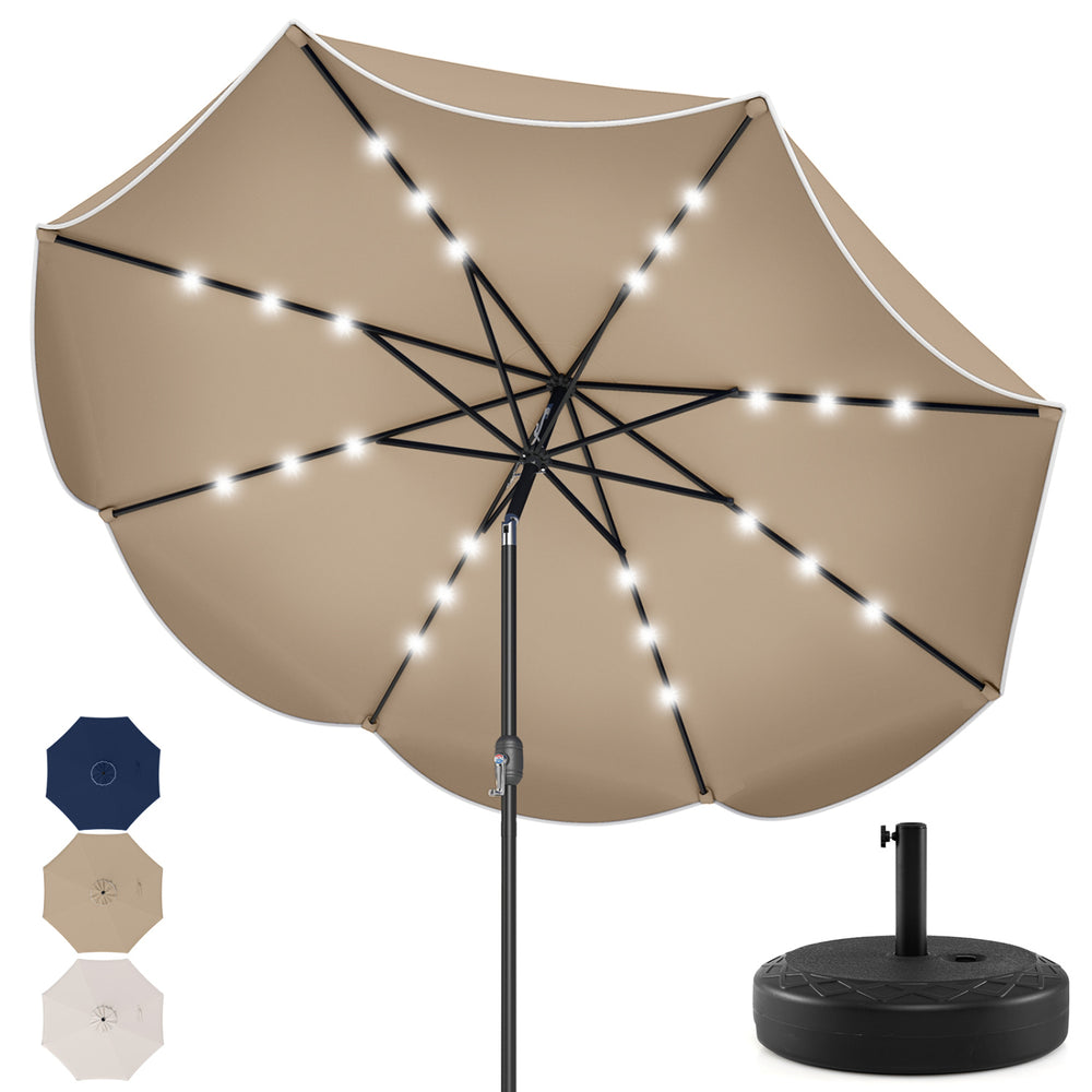 9 FT tan scalloped solar patio umbrella with 24 LED lights, featuring a crank handle and push button tilt for easy.