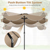 9 FT tan scalloped patio umbrella with push button tilt system and 24 LED lights for optimal shade and evening.
