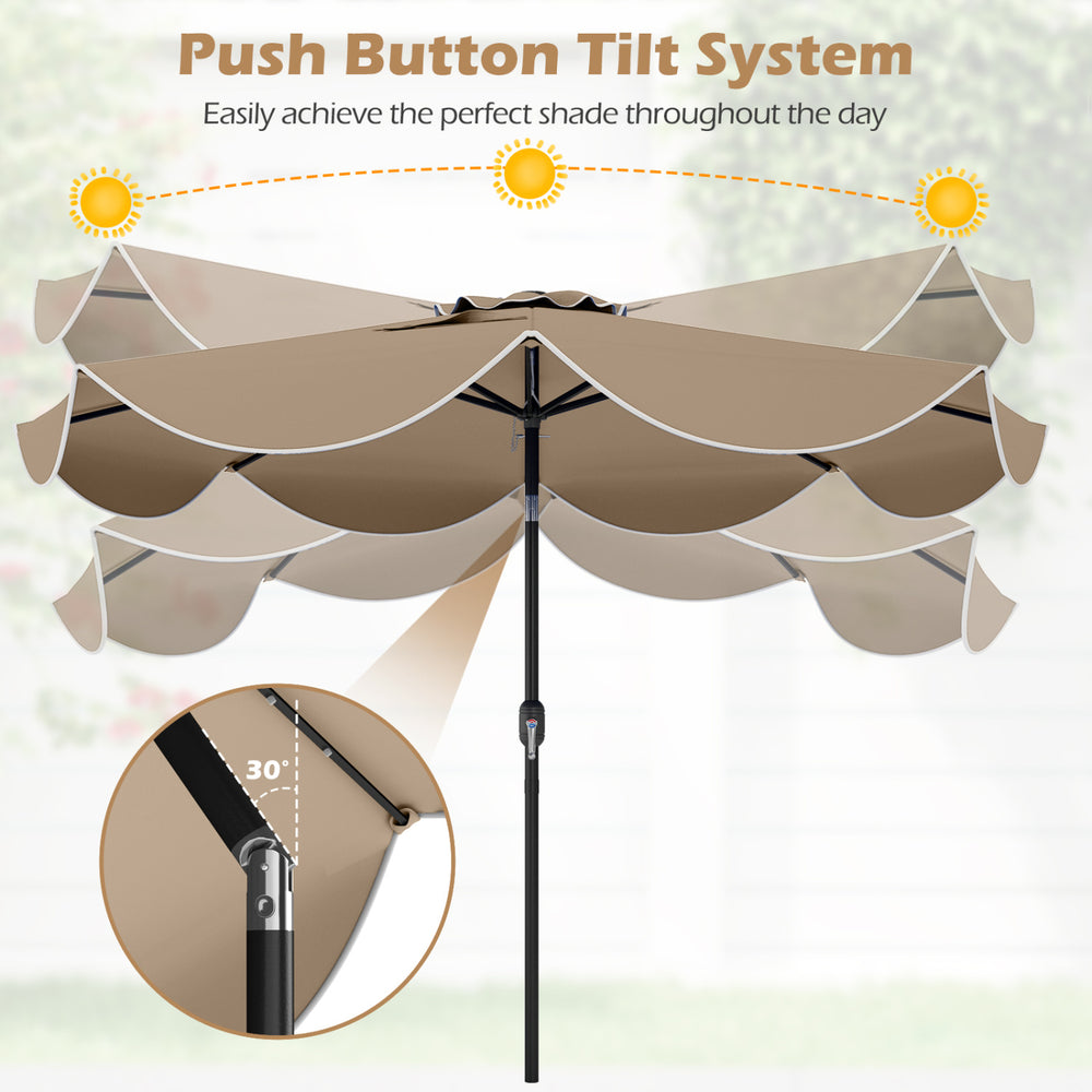 9 FT tan scalloped patio umbrella with push button tilt system and 24 LED lights for optimal shade and evening.