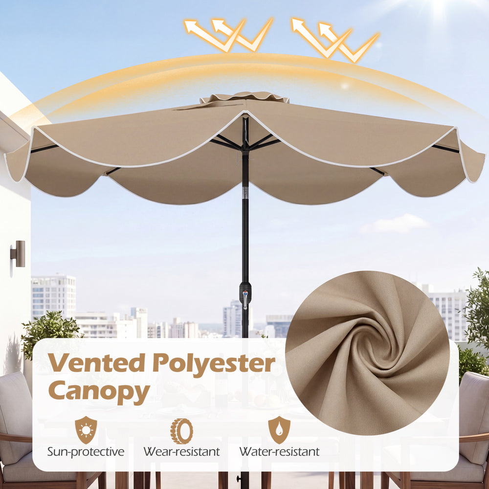 9 FT tan scalloped patio umbrella with vented polyester canopy and 24 LED lights for sun protection and evening.