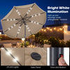 9 FT tan solar patio umbrella with 24 LED lights, featuring a scalloped design and push button tilt for optimal shade.