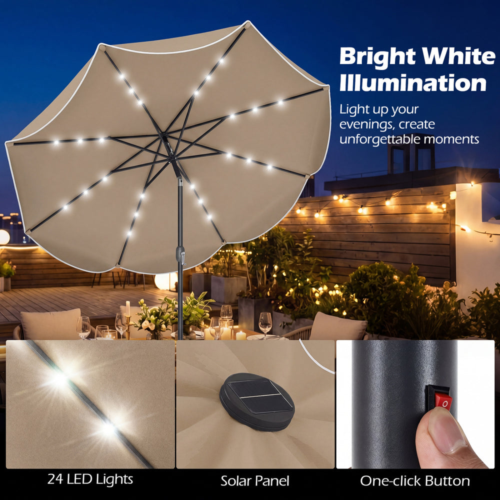 9 FT tan solar patio umbrella with 24 LED lights, featuring a scalloped design and push button tilt for optimal shade.