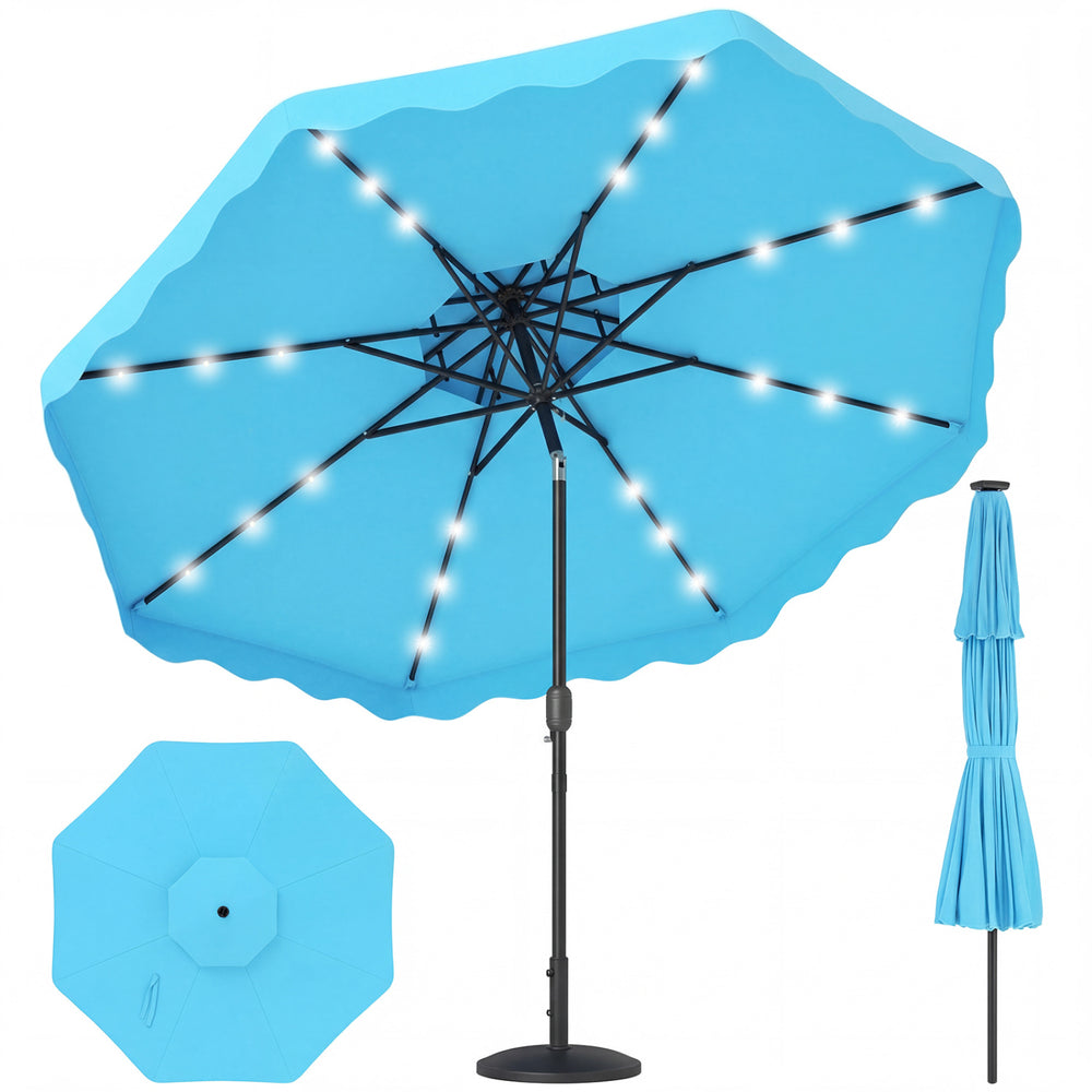 Turquoise 9 FT solar LED patio umbrella with 24 lights, push-button tilt, and crank for easy shade adjustment.