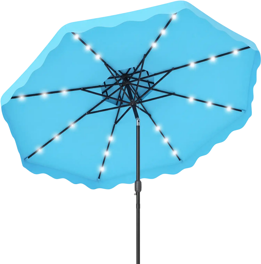Vented top view of the 9 FT turquoise solar LED patio umbrella highlighting 24 lights and sturdy 8 ribs for support.