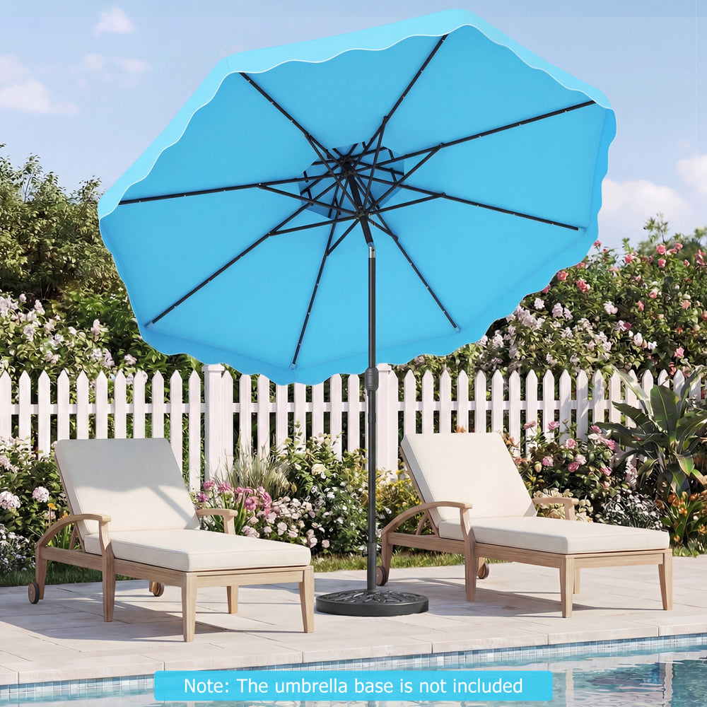 Turquoise 9 FT solar LED patio umbrella with push-button tilt, crank, and 24 lights, ideal for outdoor gatherings.