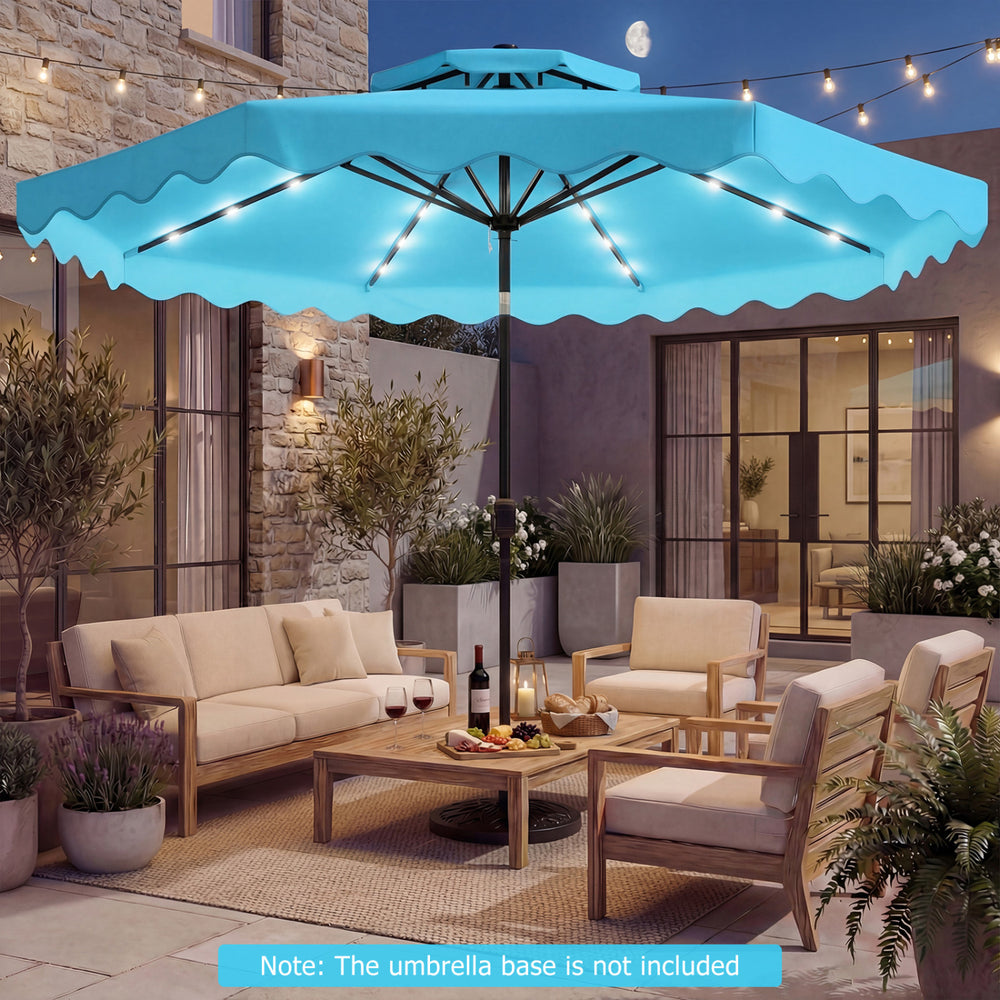 Turquoise 9 FT solar LED patio umbrella with 24 lights, perfect for creating a cozy ambiance in outdoor settings.