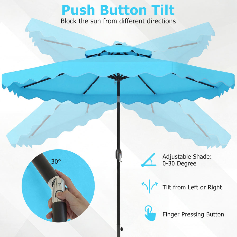 Turquoise 9 FT solar LED patio umbrella with push-button tilt and crank, ideal for shade and evening ambiance.