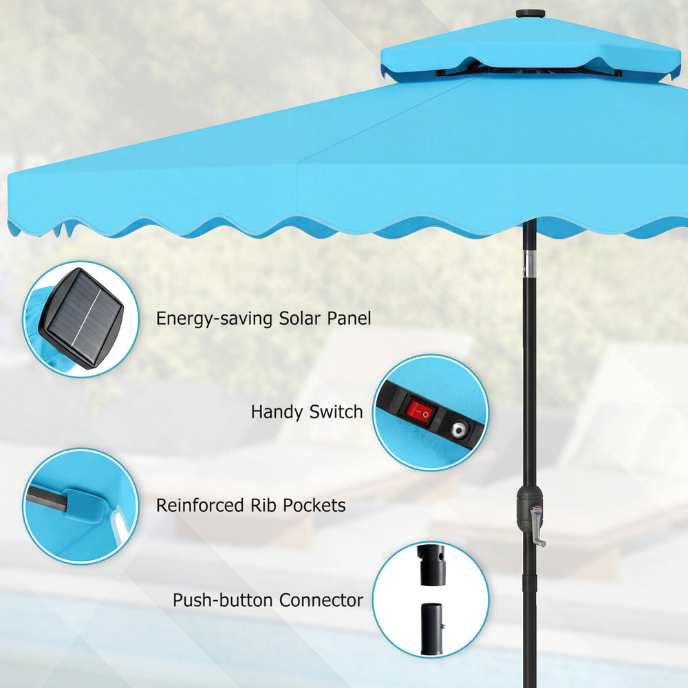Turquoise 9 FT solar LED patio umbrella with push-button tilt, crank, and 24 lights for cozy outdoor gatherings.
