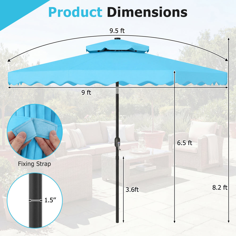 9.5 ft turquoise solar LED patio umbrella with push-button tilt, crank, and 24 lights for outdoor gatherings.