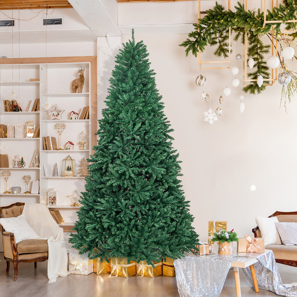 9 feet hinged premium artificial Christmas tree with 3594 branch tips, set in a festive living room for holiday.