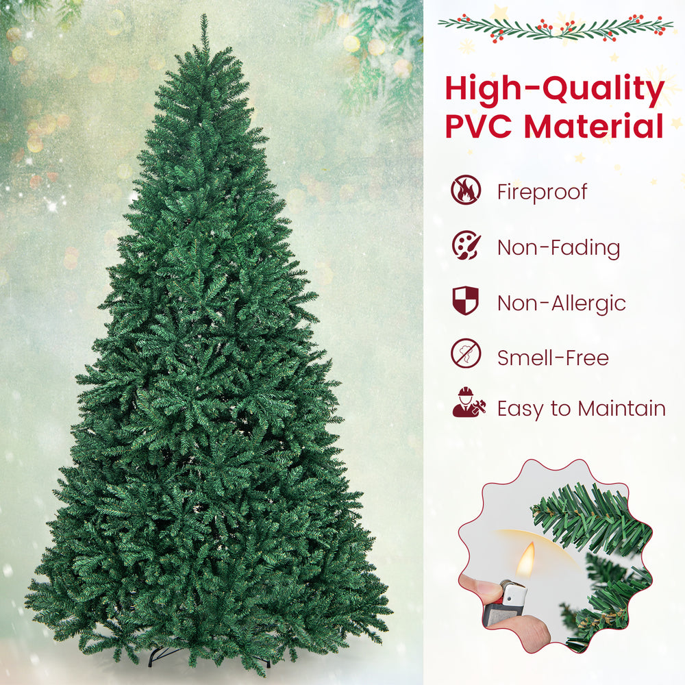 9 feet hinged premium artificial Christmas tree made of fireproof PVC, featuring 3594 branch tips for a vibrant look.