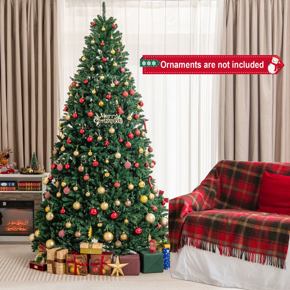 9 feet hinged premium artificial Christmas tree with lush PVC branches and a sturdy metal stand, perfect for festive.
